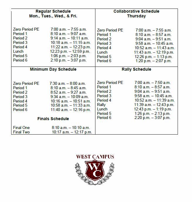 Bell Schedule West Campus High School